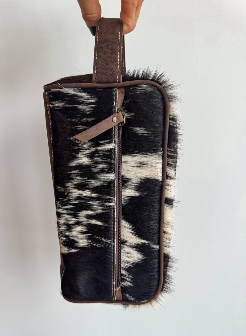 Boho Ranch Shop - Cowhide | Western Toiletry Makeup Shaving Travel Bag: WHITE + GOLD SPECS