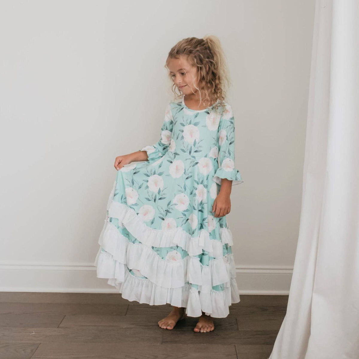 Oopsie Daisy - Kids Winter Mint Floral Long Sleeve Fall Ruffles Dress: 10/12