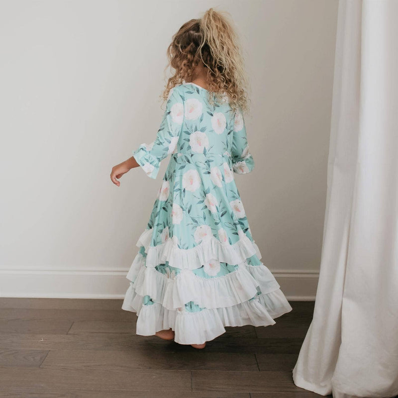 Oopsie Daisy - Kids Winter Mint Floral Long Sleeve Fall Ruffles Dress: 10/12