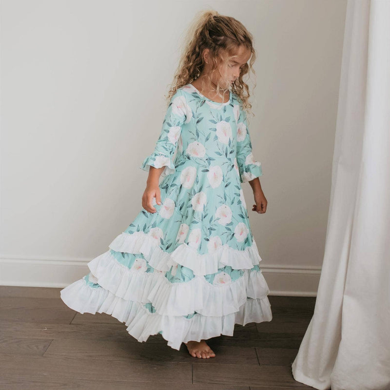 Oopsie Daisy - Kids Winter Mint Floral Long Sleeve Fall Ruffles Dress: 10/12