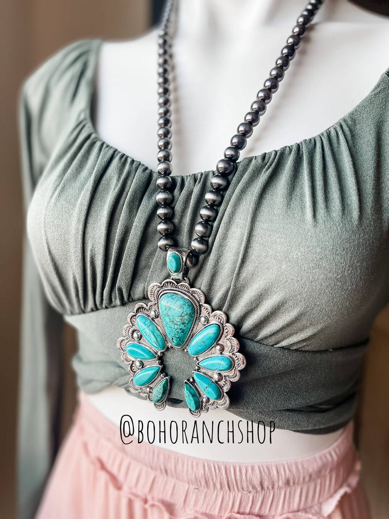 Boho Ranch Shop - Western Statement Squash Blossom Stone Necklace: White