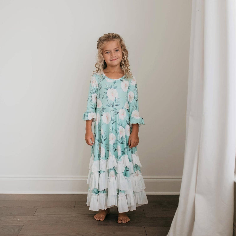 Oopsie Daisy - Kids Winter Mint Floral Long Sleeve Fall Ruffles Dress: 10/12