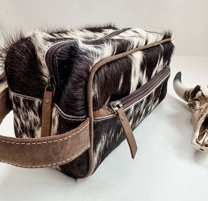 Boho Ranch Shop - Cowhide | Western Toiletry Makeup Shaving Travel Bag: WHITE + GOLD SPECS