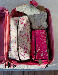 Boho Ranch Shop - Cowhide | Western Toiletry Makeup Shaving Travel Bag: WHITE + GOLD SPECS
