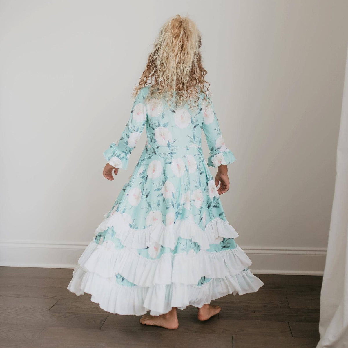 Oopsie Daisy - Kids Winter Mint Floral Long Sleeve Fall Ruffles Dress: 10/12