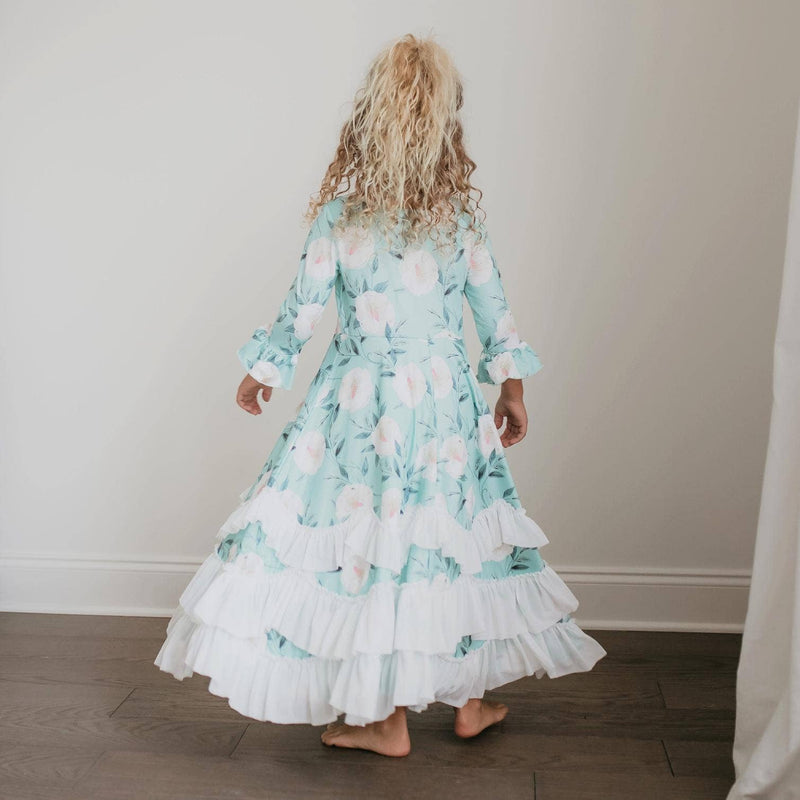 Oopsie Daisy - Kids Winter Mint Floral Long Sleeve Fall Ruffles Dress: 10/12