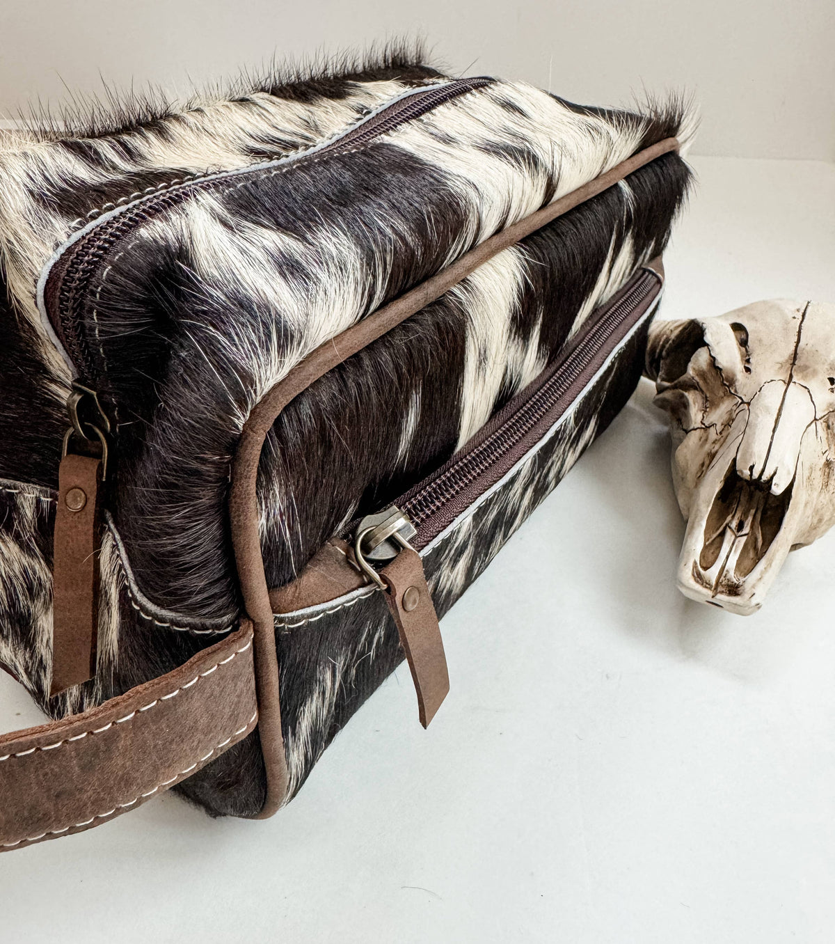 Boho Ranch Shop - Cowhide | Western Toiletry Makeup Shaving Travel Bag: WHITE + GOLD SPECS