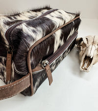 Boho Ranch Shop - Cowhide | Western Toiletry Makeup Shaving Travel Bag: WHITE + GOLD SPECS