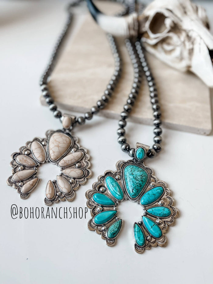 Boho Ranch Shop - Western Statement Squash Blossom Stone Necklace: White