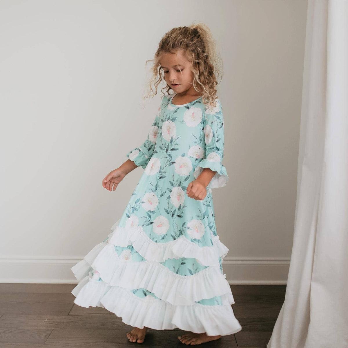 Oopsie Daisy - Kids Winter Mint Floral Long Sleeve Fall Ruffles Dress: 10/12