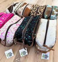 Boho Ranch Shop - Cowhide | Western Toiletry Makeup Shaving Travel Bag: WHITE + GOLD SPECS