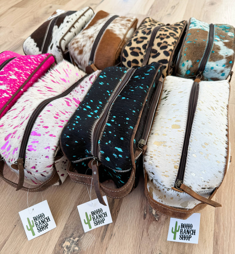 Boho Ranch Shop - Cowhide | Western Toiletry Makeup Shaving Travel Bag: WHITE + GOLD SPECS