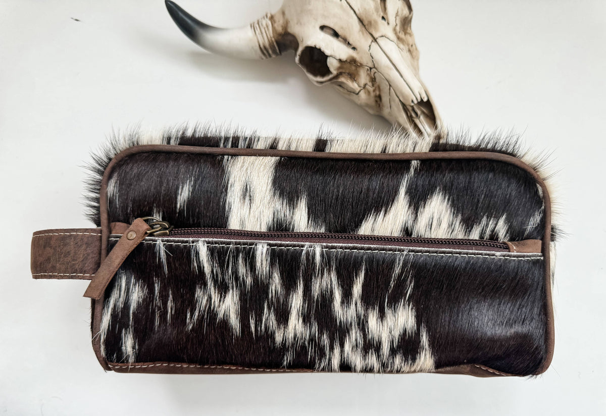 Boho Ranch Shop - Cowhide | Western Toiletry Makeup Shaving Travel Bag: WHITE + GOLD SPECS