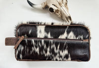 Boho Ranch Shop - Cowhide | Western Toiletry Makeup Shaving Travel Bag: WHITE + GOLD SPECS