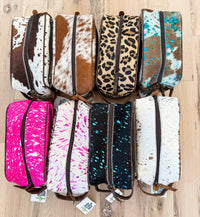 Boho Ranch Shop - Cowhide | Western Toiletry Makeup Shaving Travel Bag: WHITE + GOLD SPECS