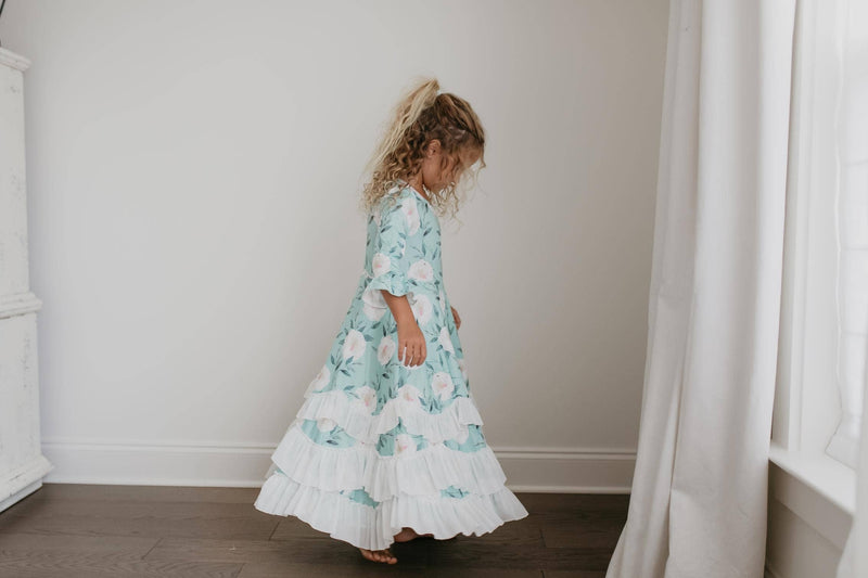 Oopsie Daisy - Kids Winter Mint Floral Long Sleeve Fall Ruffles Dress: 10/12