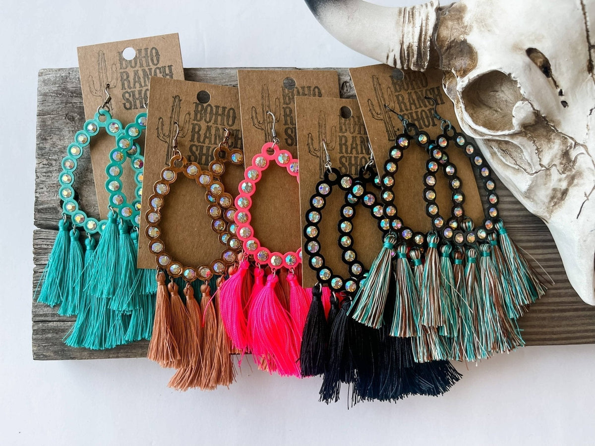 Rhinestone Teardrop Tassel Earrings-Turquoise-Briar & Ivy