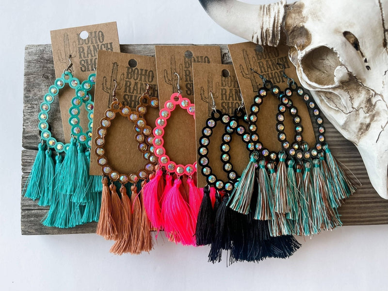 Rhinestone Teardrop Tassel Earrings-Turquoise-Briar & Ivy