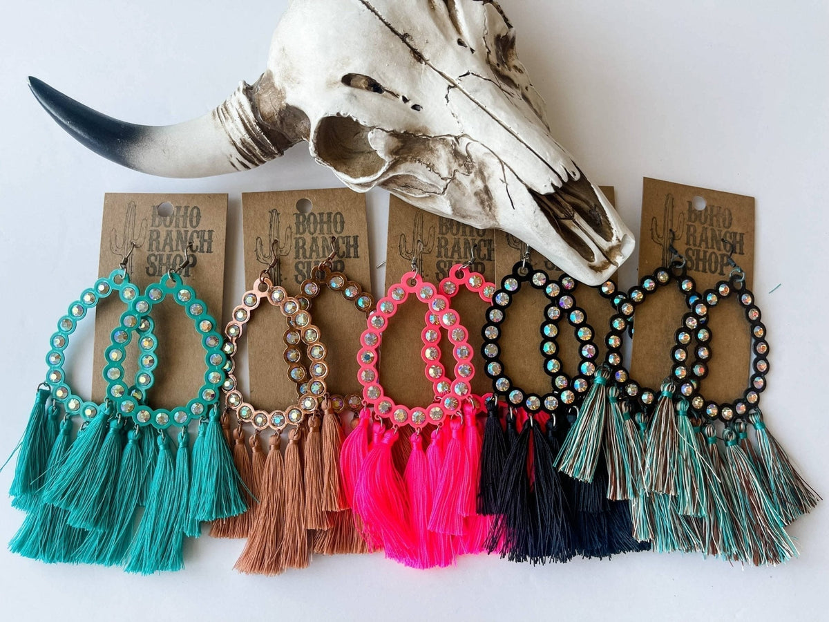 Rhinestone Teardrop Tassel Earrings-Turquoise-Briar & Ivy