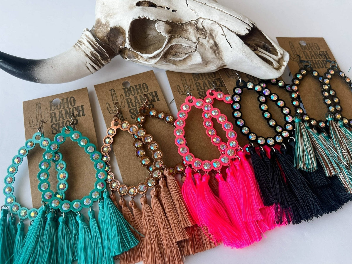 Rhinestone Teardrop Tassel Earrings-Turquoise-Briar & Ivy