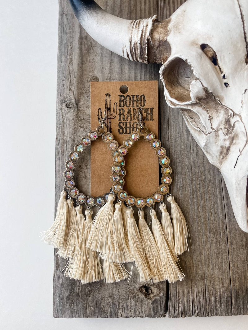Rhinestone Teardrop Tassel Earrings-Turquoise-Briar & Ivy