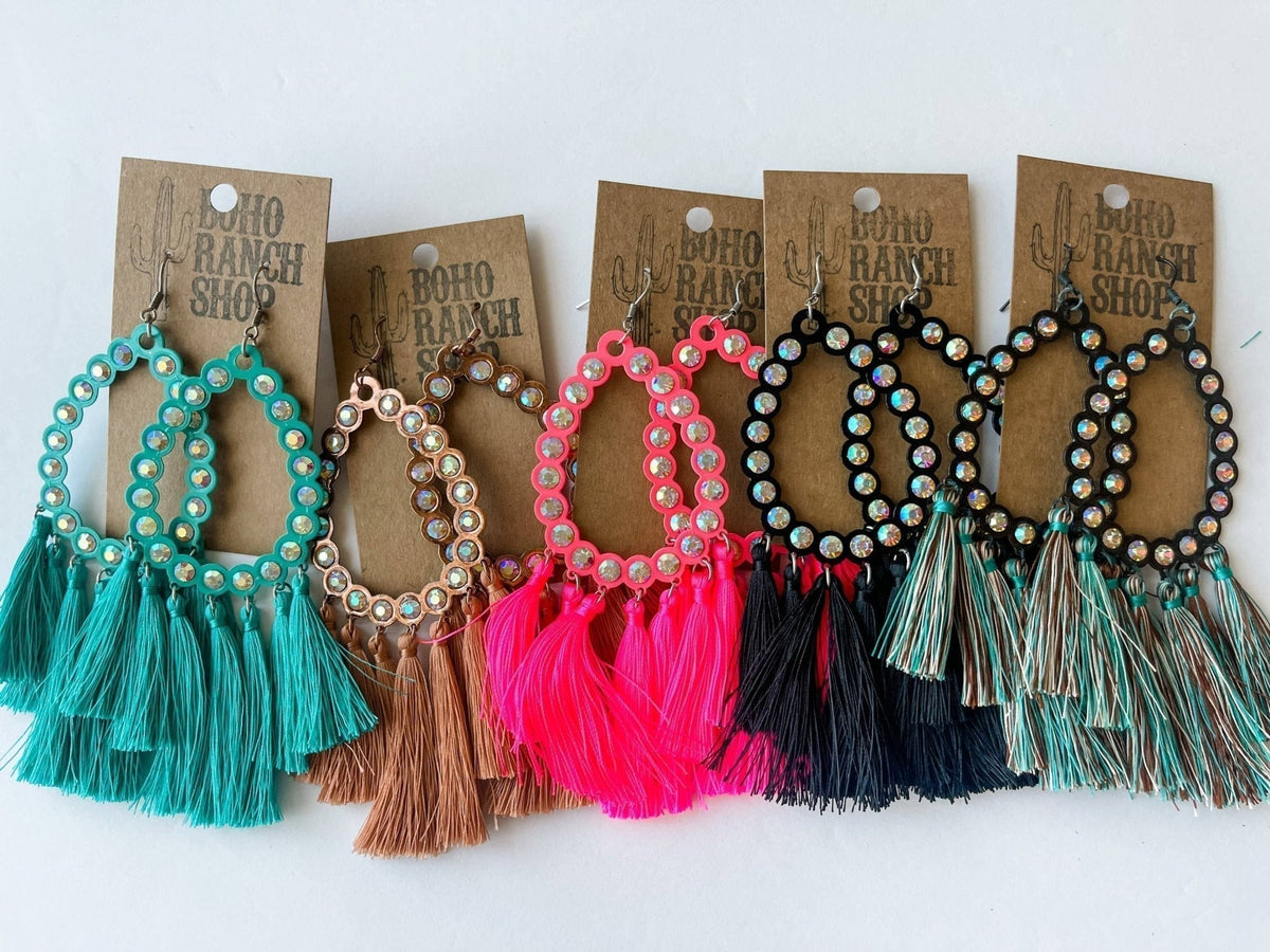 Rhinestone Teardrop Tassel Earrings-Turquoise-Briar & Ivy