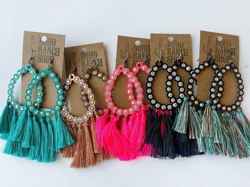 Rhinestone Teardrop Tassel Earrings-Turquoise-Briar & Ivy